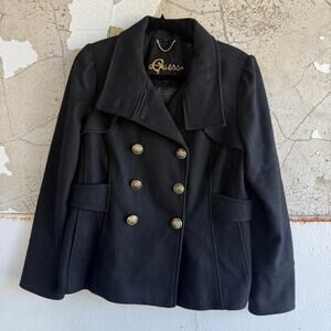 Y2K Guess Military Peacoat‎ Black Wool Gold Button Double Breasted Coat Womens L